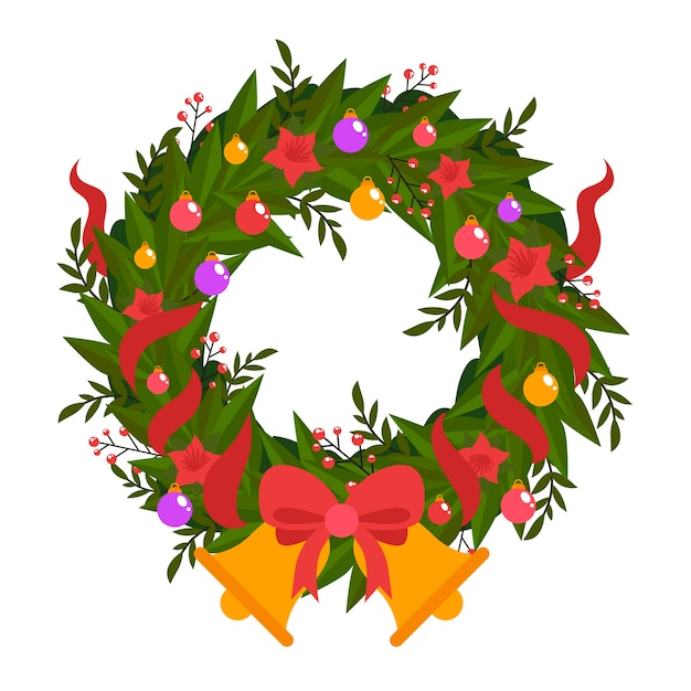 Flat christmas wreath and golden jingle bells