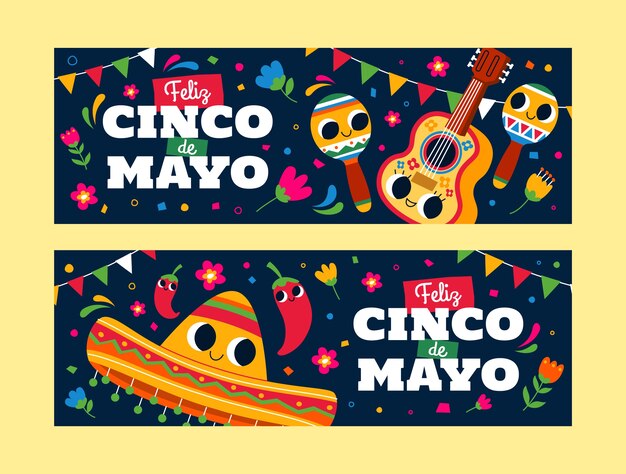 Flat cinco de mayo horizontal banners pack