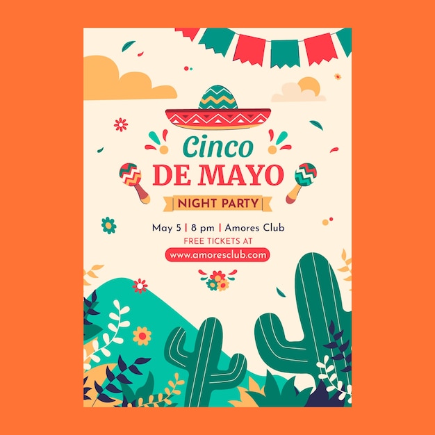 Flat cinco de mayo vertical poster template with cactus