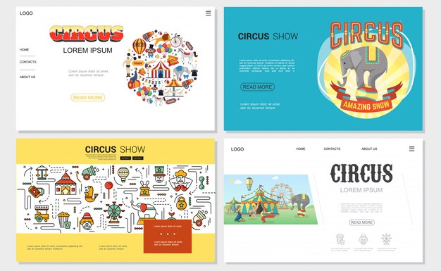 Flat circus websites set with tent strongman trained animals acrobat clown magician carousels cannon tickets elements and linear icons