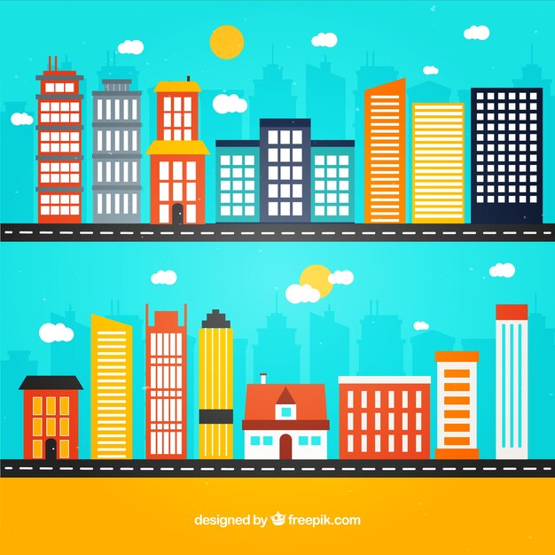 Flat city buildings in colorful style