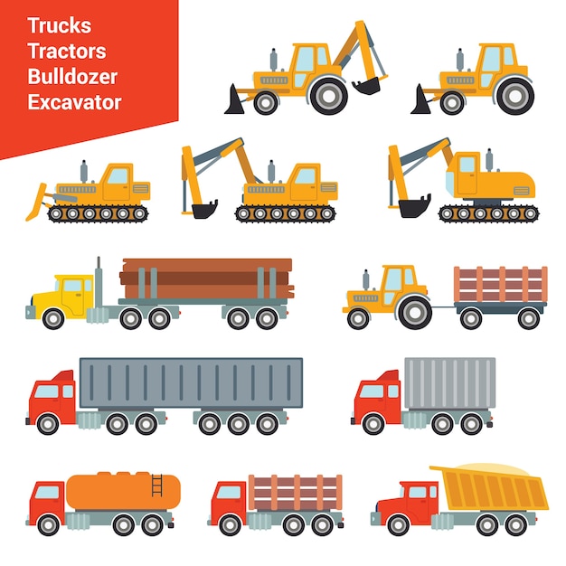 Free vector flat city construction transport  set. excavator crane grader concrete cement mixer roller pit dump truck loader tow wrecker truck. build your own world   collection.