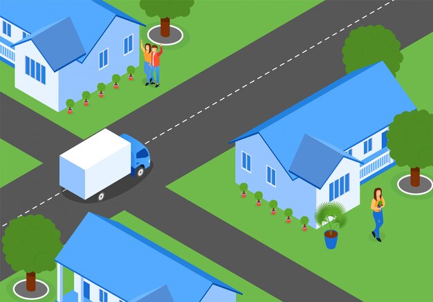 Flat City Streets with New Houses, Isometric. 