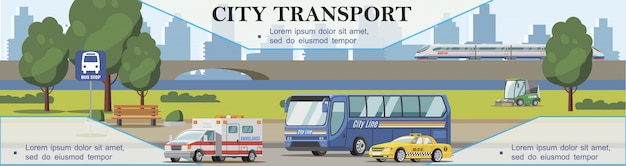 Free Vector flat city transport background with ambulance taxi cars bus sweeper and train moving on bridge 