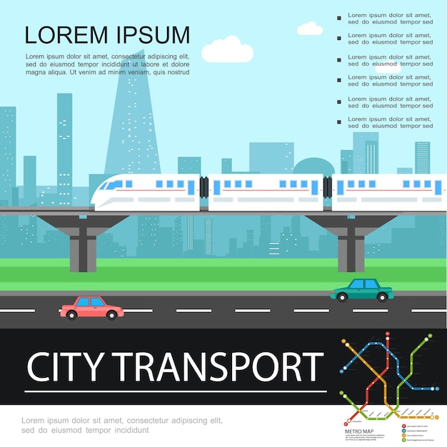 Free Vector flat city transport colorful template with train moving on railroad on bridge on cityscape