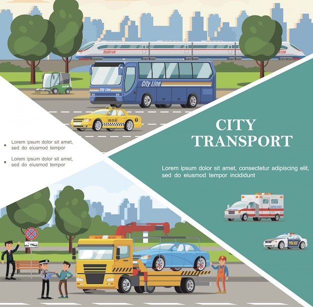 Free Vector flat city transport template with bus ambulance police taxi cars road sweeper tow truck evacuating automobile