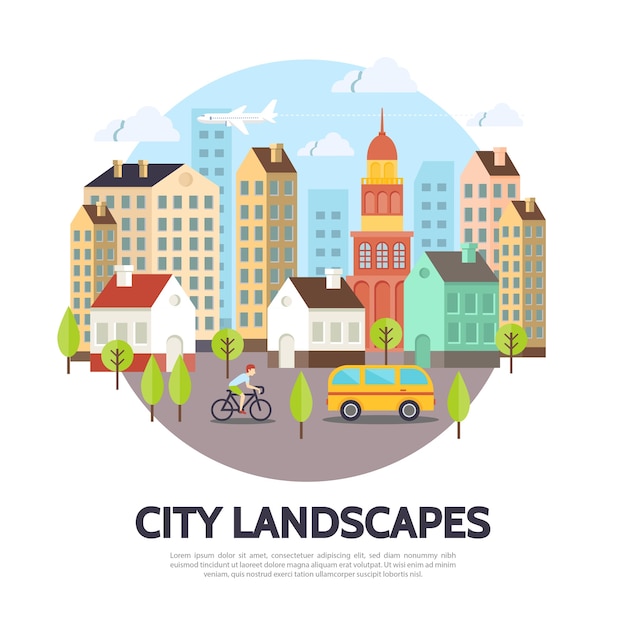 Free Vector flat cityscape concept with buildings of different structure trees airplane bus sky man riding bicycle illustration