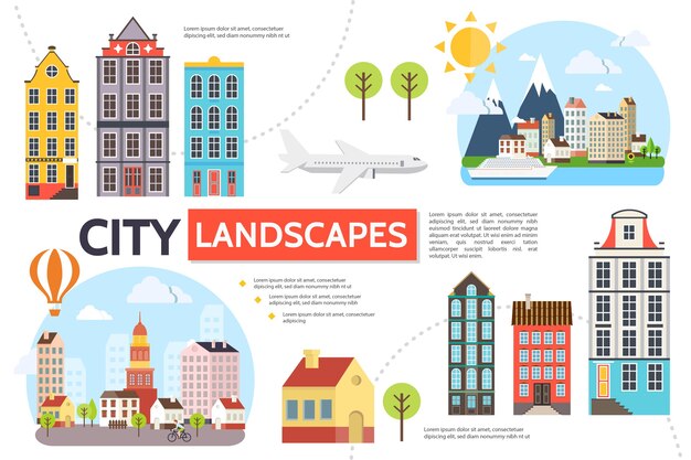 Flat cityscape infographic template with modern buildings trees sun mountains sky airplane hot air balloon ship illustration