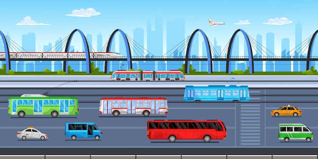 Free Vector flat cityscape with public transport taxi train bus tram trolleybus on road with silhouettes of skyscrapers on background vector illustration