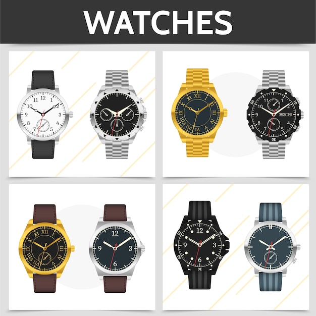 Free Vector flat classic expensive watches square concept with gold silver metal and leather bracelets illustration