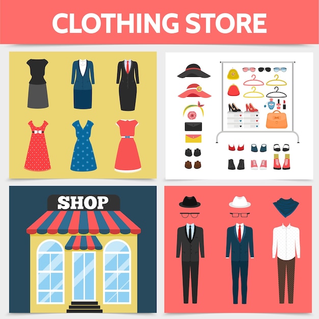 Free Vector flat clothing shop square concept with store facade dresses suits hats eyeglasses shoes brooch