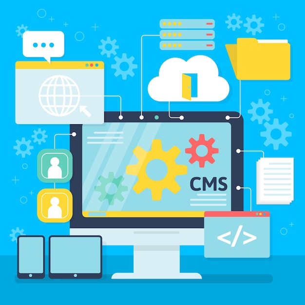 Flat cms concept on a desktop screen