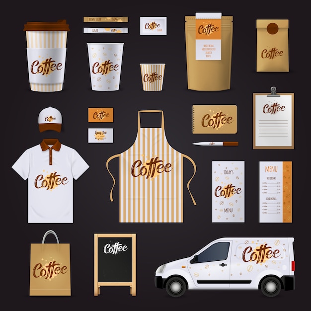 Flat coffee corporate identity design template set for cafe with uniform car glasses menu stationary