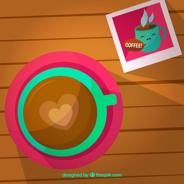 Flat coffee cup background with top view