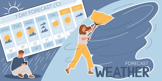 Free vector flat collage with man checking weather forecast and wind pulling out umbrella from woman hands vector illustration