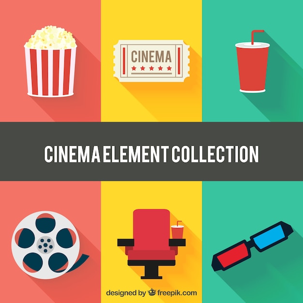 Flat collection of colorful cinema items