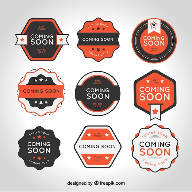 Free vector flat collection of coming soon stamps with orange details