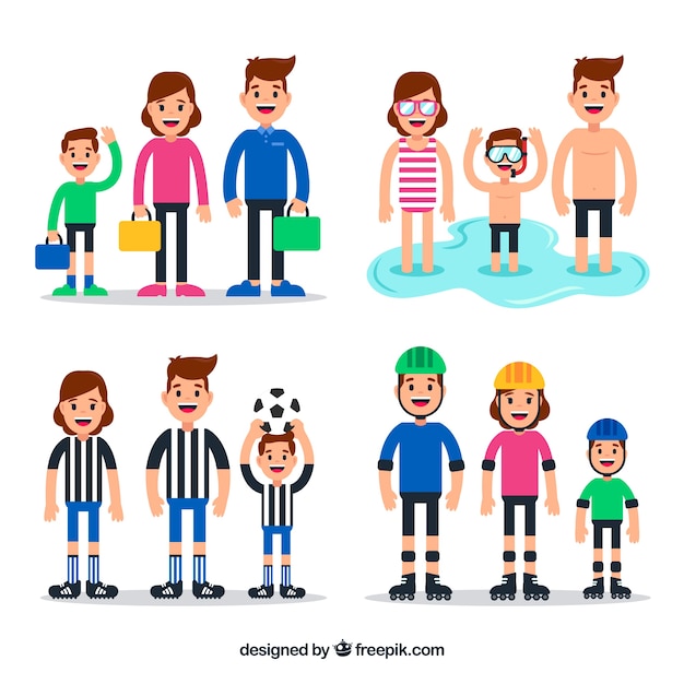 Flat collection of family doing different activities