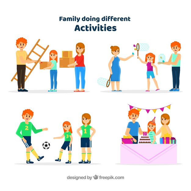 Flat collection of family doing different activities