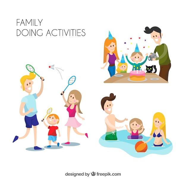 Flat collection of family doing different activities