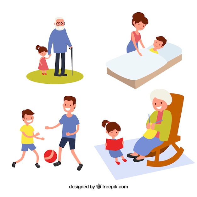 Flat collection of family doing different activities