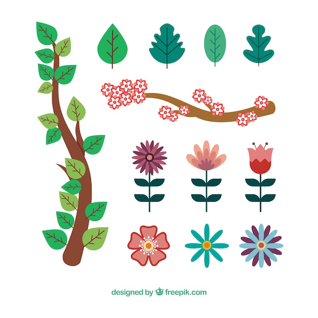 Free vector flat collection of flowers and leaves