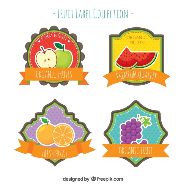 Flat collection of four decorative fruit labels