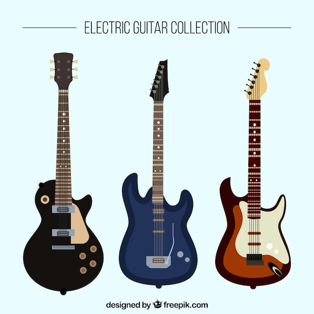 Flat collection of three electric guitars