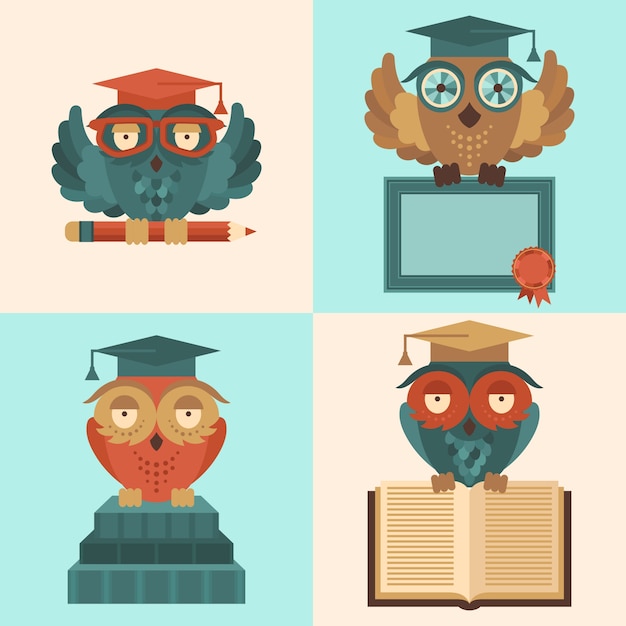 Free Vector flat colored owl in graduation caps with books and diploma silhouette set isolated vector illustration