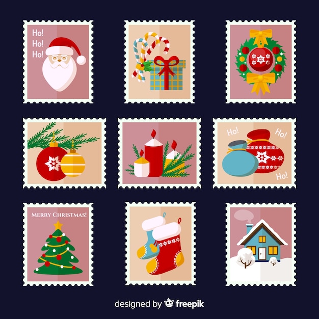 Free vector flat colorful christmas stamps pack