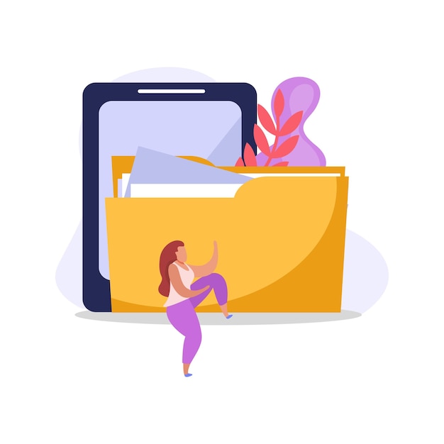 Flat colorful computer user illustration with tablet folder and female character