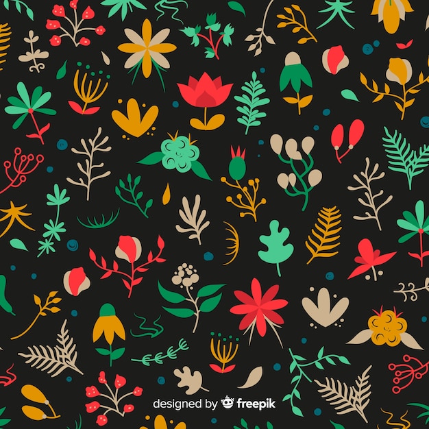 Flat colorful flowers and leaves background