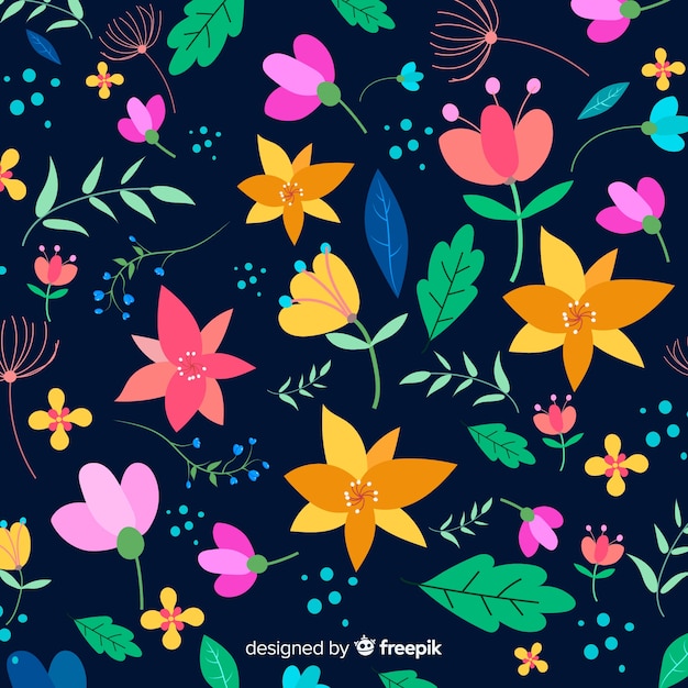 Flat colorful flowers and leaves background