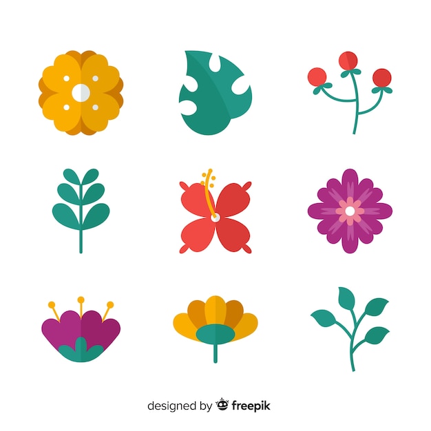 Free Vector flat colorful flowers and leaves collection