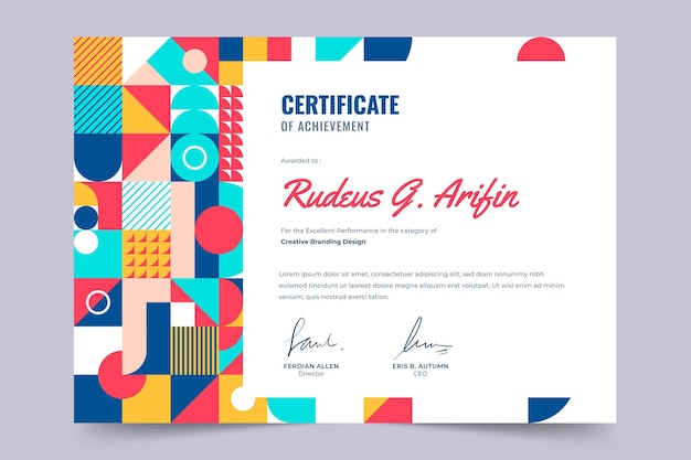 Flat colorful mosaic certificate template