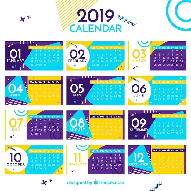 Flat colourful calendar for the year 2019