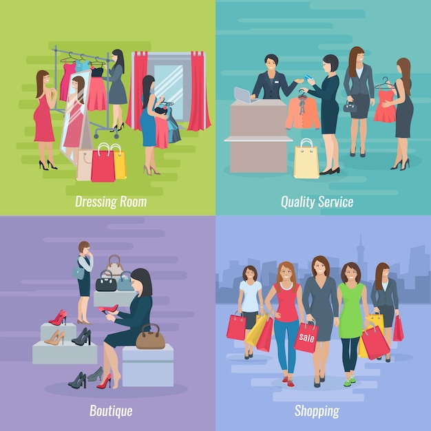 Flat composition depicting woman shopping in boutique or mall vector illustration