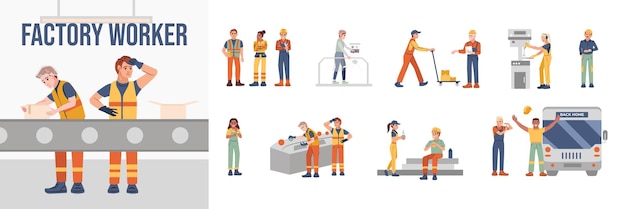 Free Vector flat composition set of factory workers during their working day isolated vector illustration