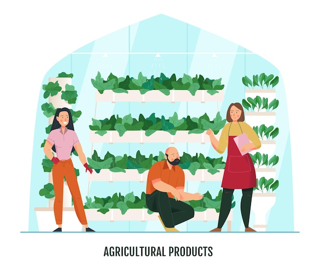 Free Vector flat composition with gardeners and pots with plants in greenhouse