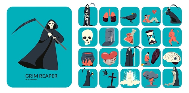 Free Vector flat composition with grim reaper figure and 20 square icons with death symbols vector illustration