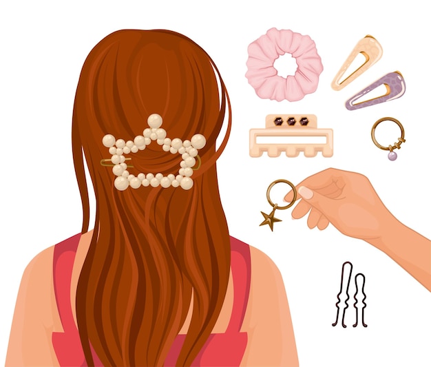 Free Vector flat composition with longhaired young girl and hairdressers hand holding bijouterie item for female hairstyling decoration illustration