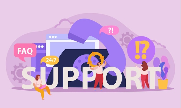 Flat composition with telephone and operators lending online support to client 