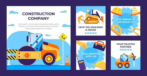 Free vector flat construction company instagram posts collection