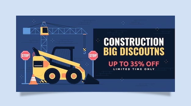 Flat construction sale horizontal banner template