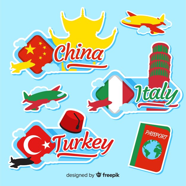 Flat country stickers set