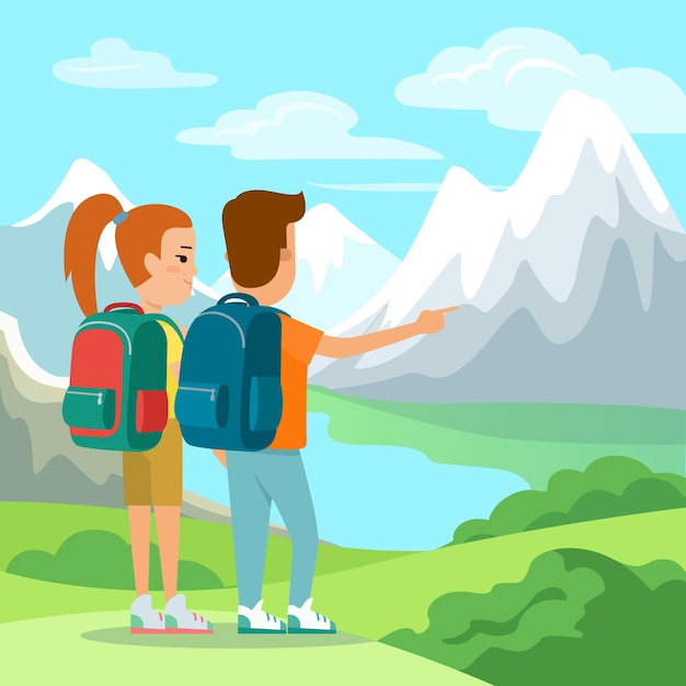 Flat Couple with backpacks enjoying nature mountain view vector illustration Vacation concept