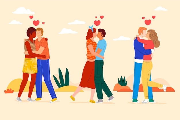 Flat couples kissing illustration