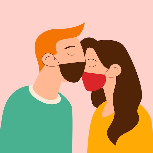 Flat couples kissing with covid mask illustration