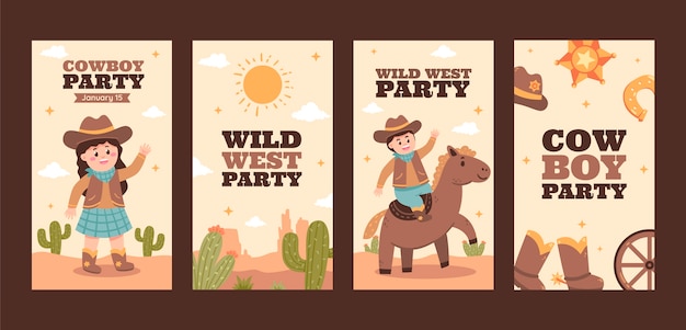 Free Vector flat cowboy party instagram stories collection