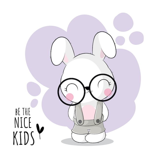 Flat cute animal bunny with glasses illustration for kids. Cute bunny character